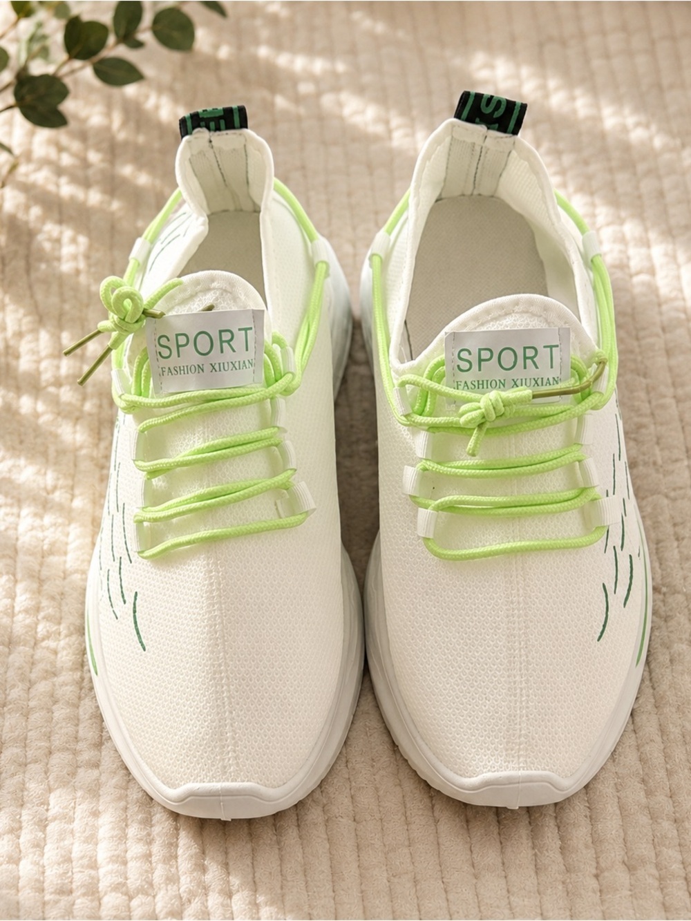 Women's White and Neon Green Sport Sneakers